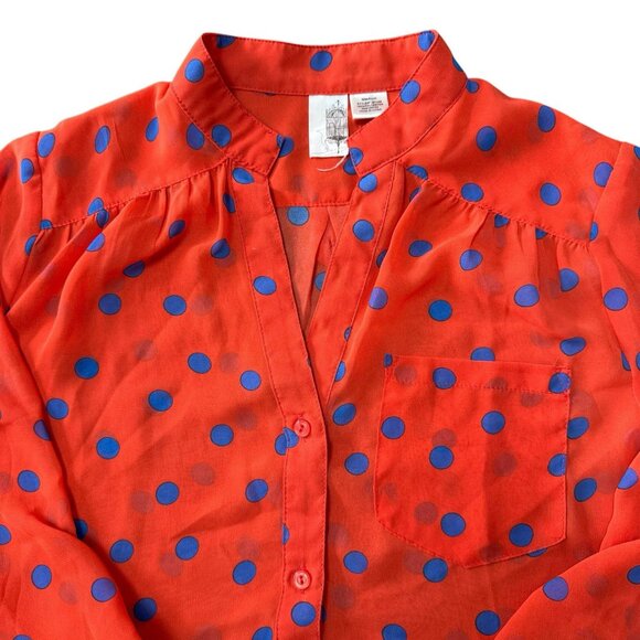Anthropologie Francesca Blouse Womens Medium Sheer Orange Polka Dot Blue - Picture 1 of 6